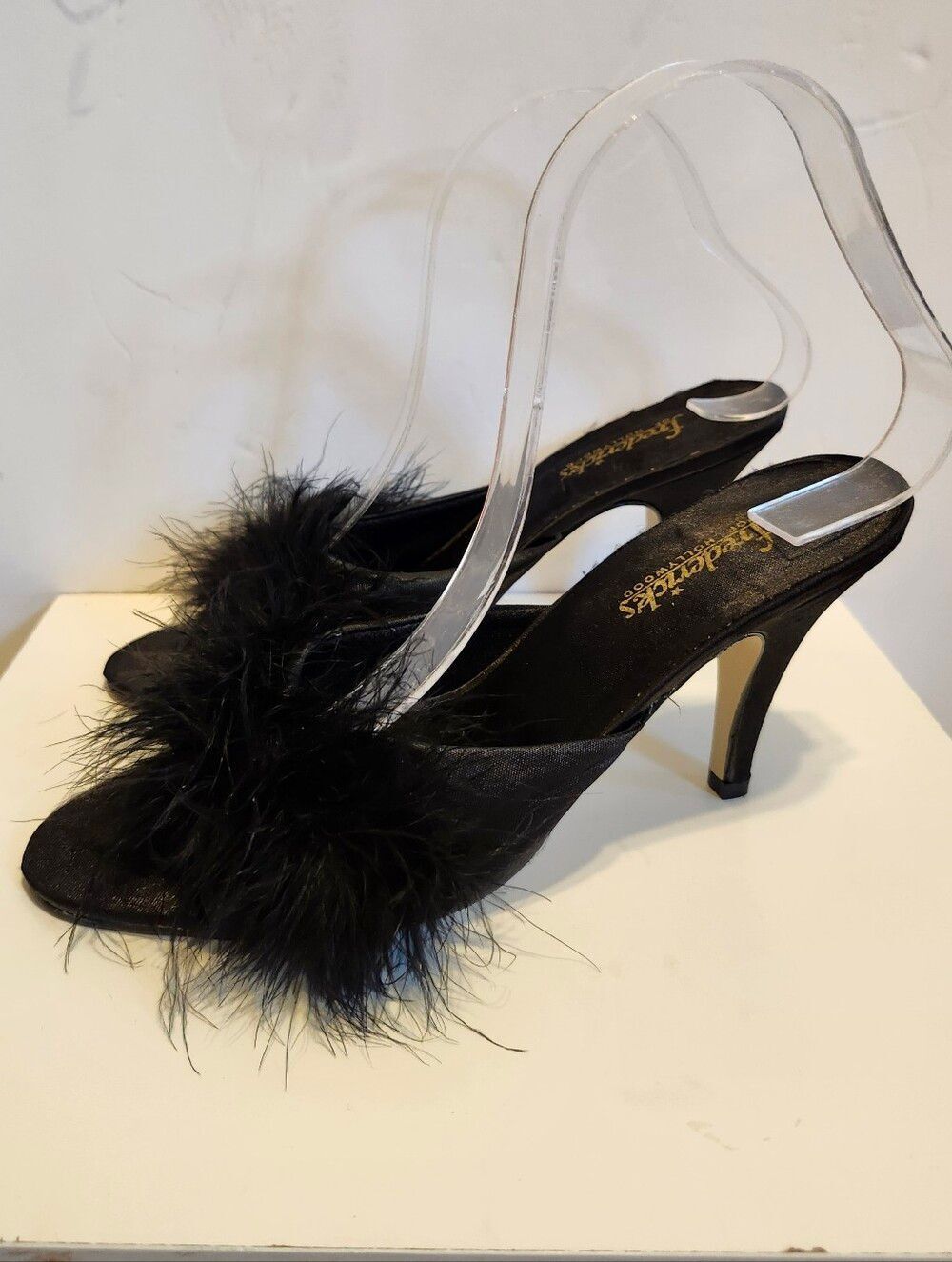 Vintage Mint Frederick's of Hollywood Black Satin Marabou Feather Mules Sz.7